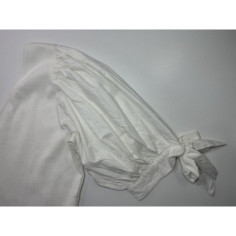 Maeve Anthropologie Shirt Womens Large White Puff Sleeve Tie Cuff V Neck Top - Picture 11 of 11